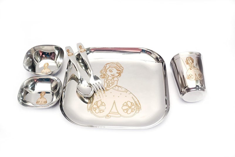 Kneaders Kneaders Laser Print Stainless Steel Square Lunch Dinner Set for Kids 1 Plate 1 Curry Bowl 1 Dessert Plate 1 Glass 1 Spoon 1 Fork 9 Plate for Girls 812 Years  - Image 1