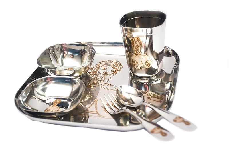 Kneaders Kneaders Laser Print Stainless Steel Square Lunch Dinner Set for Kids 1 Plate 1 Curry Bowl 1 Dessert Plate 1 Glass 1 Spoon 1 Fork 9 Plate for Girls 812 Years  - Image 3