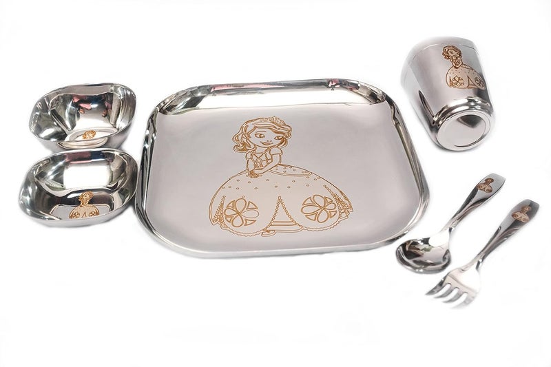 Kneaders Kneaders Laser Print Stainless Steel Square Lunch Dinner Set for Kids 1 Plate 1 Curry Bowl 1 Dessert Plate 1 Glass 1 Spoon 1 Fork 9 Plate for Girls 812 Years  - Image 2