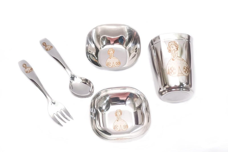 Kneaders Kneaders Laser Print Stainless Steel Square Lunch Dinner Set for Kids 1 Plate 1 Curry Bowl 1 Dessert Plate 1 Glass 1 Spoon 1 Fork 9 Plate for Girls 812 Years  - Image 5