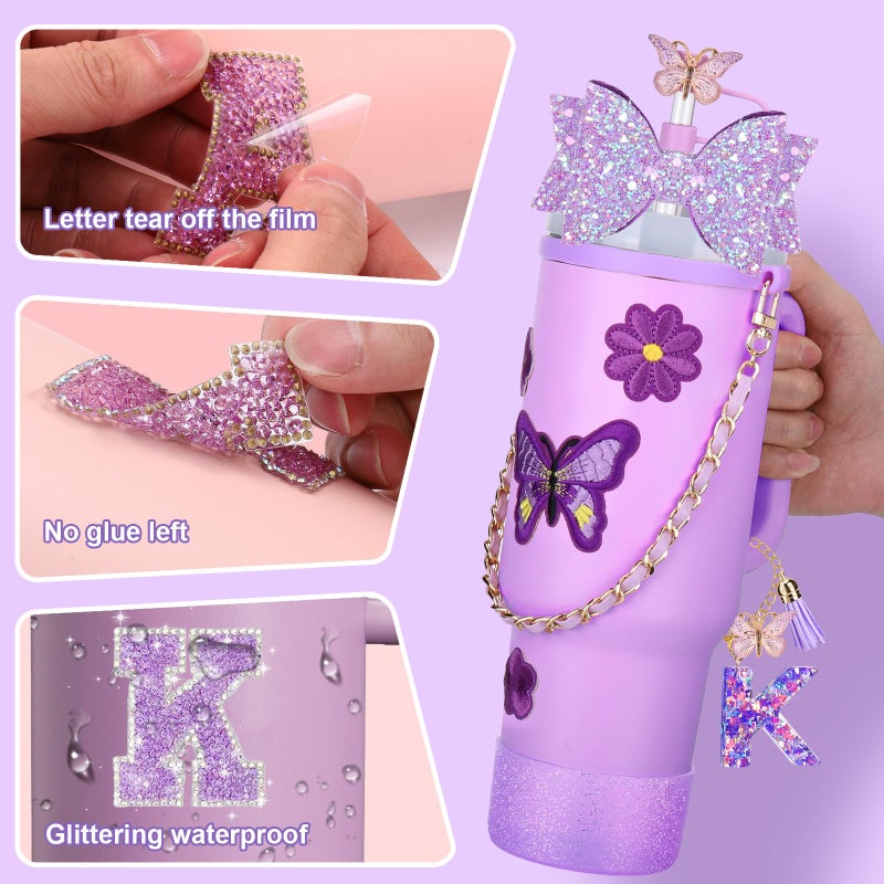 Mity rain 14PCS Purple Cup Accessories for Stanley Cup 30oz 40oz tumbler with handle - Includes Strap,Straw Bow Decorate,Straw Cover,Boot,Spill Proof Stoppers,Handle Charms,Letter Sticker(Initials K) - Image 5