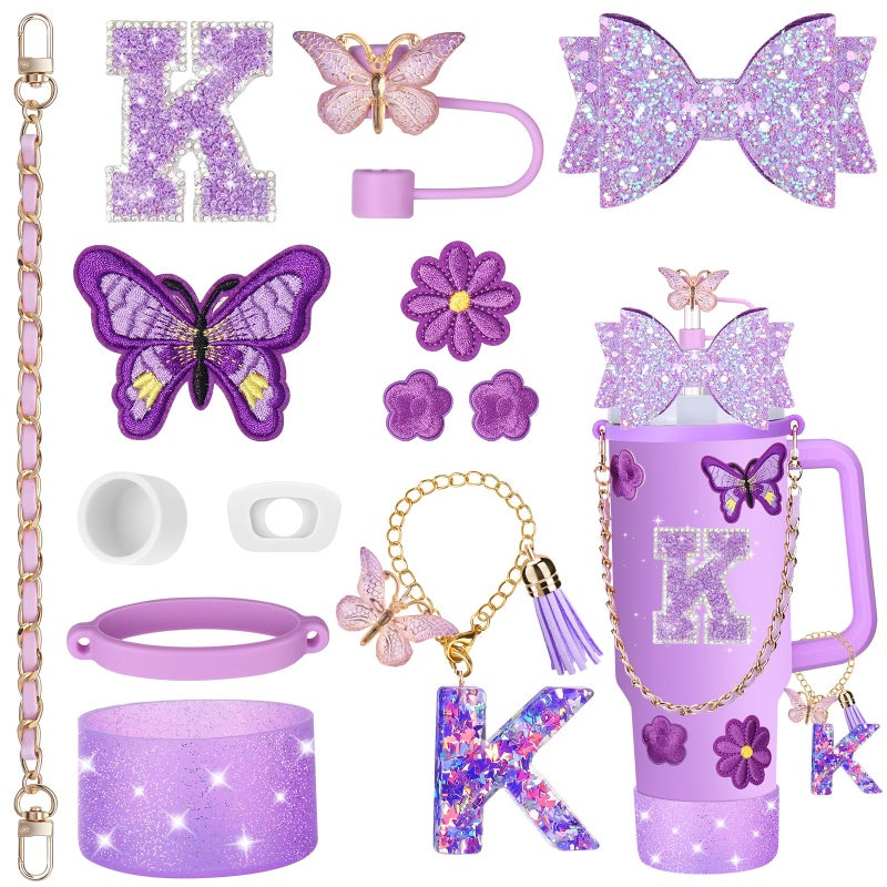 Mity rain 14PCS Purple Cup Accessories for Stanley Cup 30oz 40oz tumbler with handle - Includes Strap,Straw Bow Decorate,Straw Cover,Boot,Spill Proof Stoppers,Handle Charms,Letter Sticker(Initials K) - Image 1