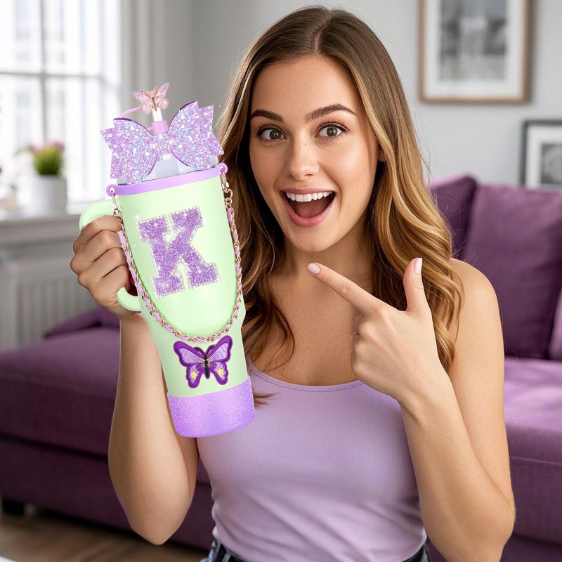 Mity rain 14PCS Purple Cup Accessories for Stanley Cup 30oz 40oz tumbler with handle - Includes Strap,Straw Bow Decorate,Straw Cover,Boot,Spill Proof Stoppers,Handle Charms,Letter Sticker(Initials K) - Image 3