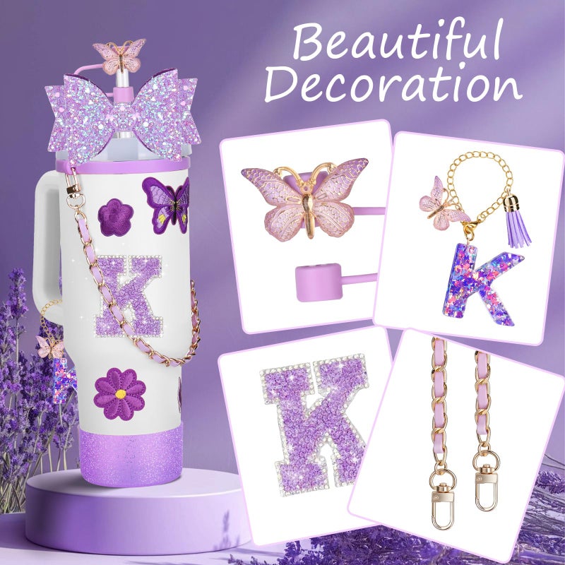 Mity rain 14PCS Purple Cup Accessories for Stanley Cup 30oz 40oz tumbler with handle - Includes Strap,Straw Bow Decorate,Straw Cover,Boot,Spill Proof Stoppers,Handle Charms,Letter Sticker(Initials K) - Image 2