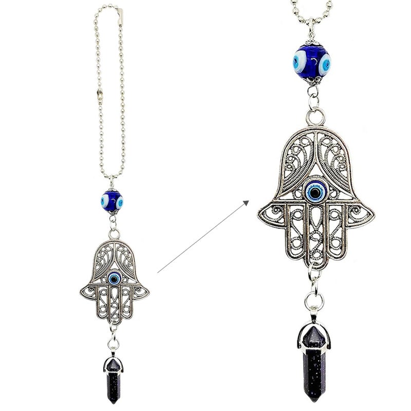 LUCKBOOSTIUM Hamsa Protection Amulet  Evil Eye Car Hanging Ornament Rearview Mirror Charm Good Luck Symbol Black Stone Car Accessory for Positive Energy  Fortune 2x11