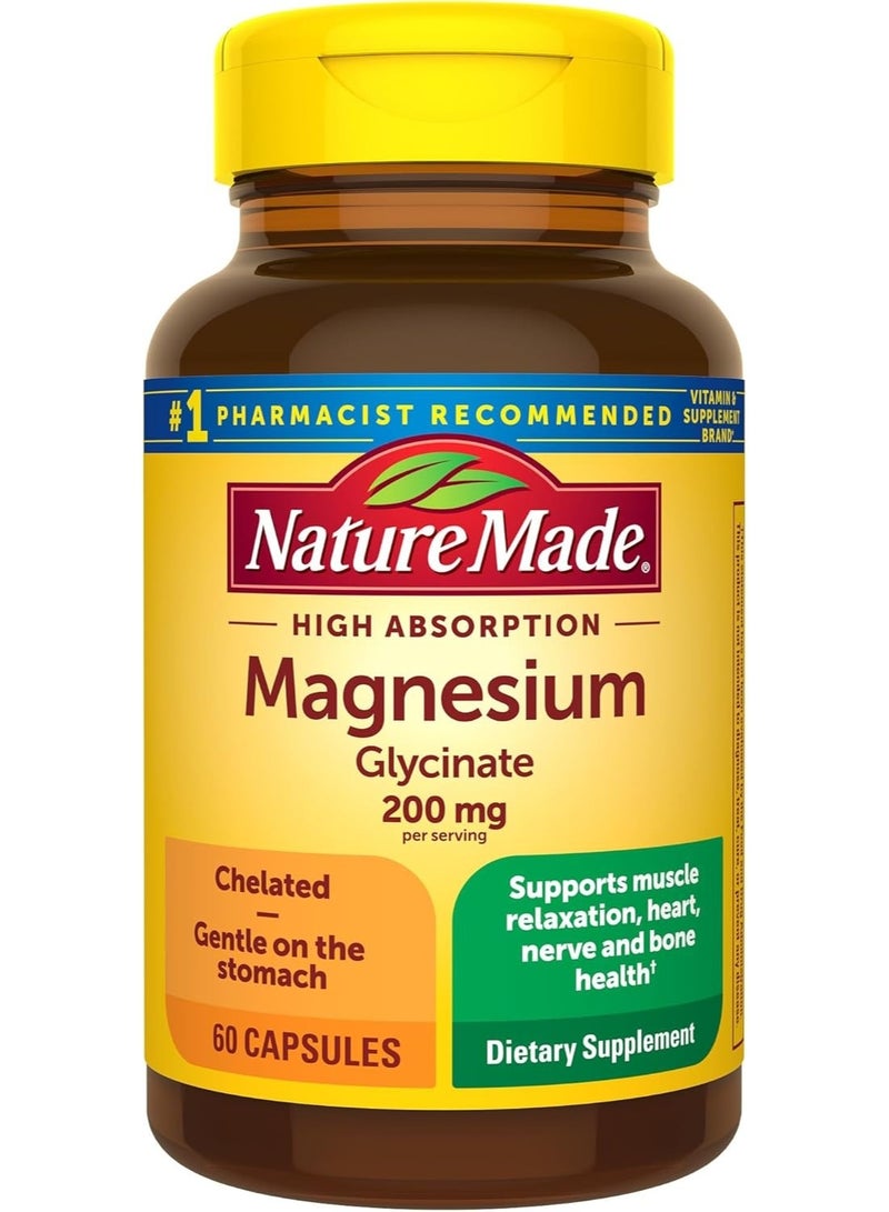Nature Made Magnesium Glycinate 200 mg per Serving, Dietary Supplement for Muscle, Heart, Nerve and Bone Support - 60 Capsules (30 Day Supply) - Image 1