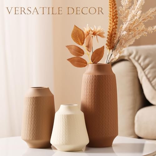 Joeabor Ceramic Vase Set of 3 - Handcrafted Ceramic Vases for Home Decor & Shelf - Modern Farmhouse Decor for Kitchen, Office, Bedroom & Living Room Decorative Objects for Mantel, Table Centerpieces - Image 2