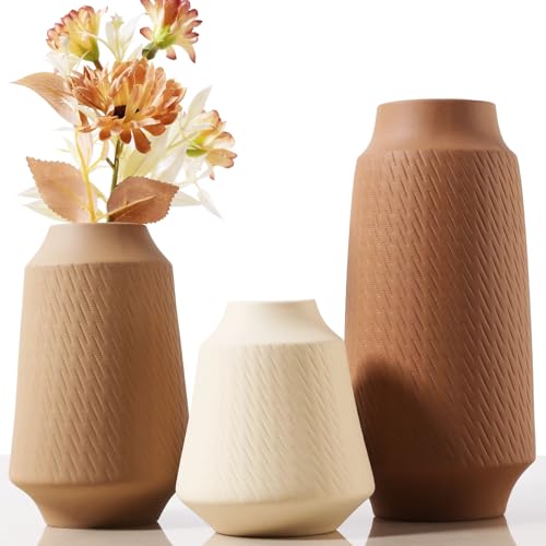Joeabor Ceramic Vase Set of 3 - Handcrafted Ceramic Vases for Home Decor & Shelf - Modern Farmhouse Decor for Kitchen, Office, Bedroom & Living Room Decorative Objects for Mantel, Table Centerpieces - Image 1