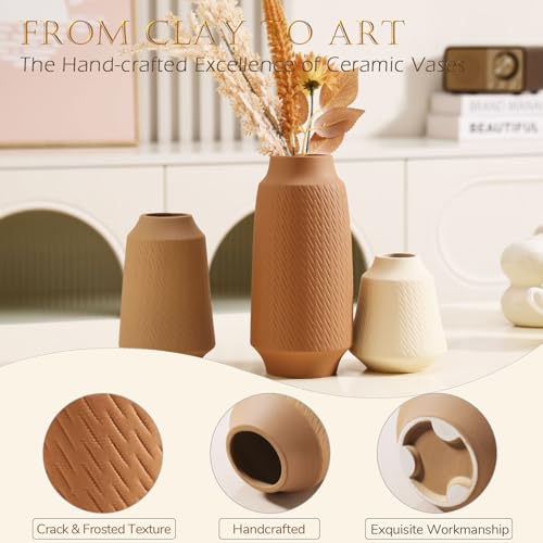 Joeabor Ceramic Vase Set of 3 - Handcrafted Ceramic Vases for Home Decor & Shelf - Modern Farmhouse Decor for Kitchen, Office, Bedroom & Living Room Decorative Objects for Mantel, Table Centerpieces - Image 4