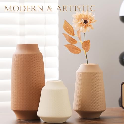 Joeabor Ceramic Vase Set of 3 - Handcrafted Ceramic Vases for Home Decor & Shelf - Modern Farmhouse Decor for Kitchen, Office, Bedroom & Living Room Decorative Objects for Mantel, Table Centerpieces - Image 5