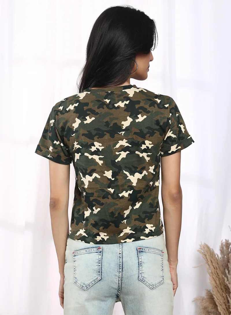 PINACOLADA  Women's Army Green Camouflage Regular Fit T-Shirt for Women | Best Price UAE