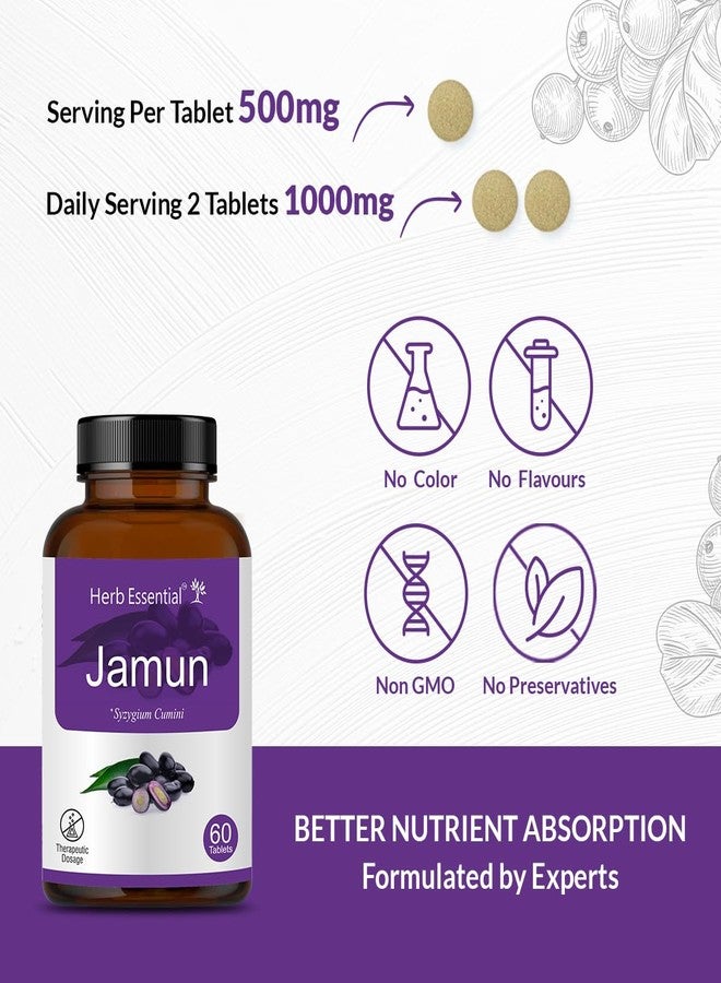 Herb Essential Jamun Tablets 500mg – 60 Count | 100% Pure Syzygium Cumini Seed Extract | Supports Blood Sugar Control, Liver Health & Digestion | Rich in Antioxidants | Ayurvedic Supplement - Image 2