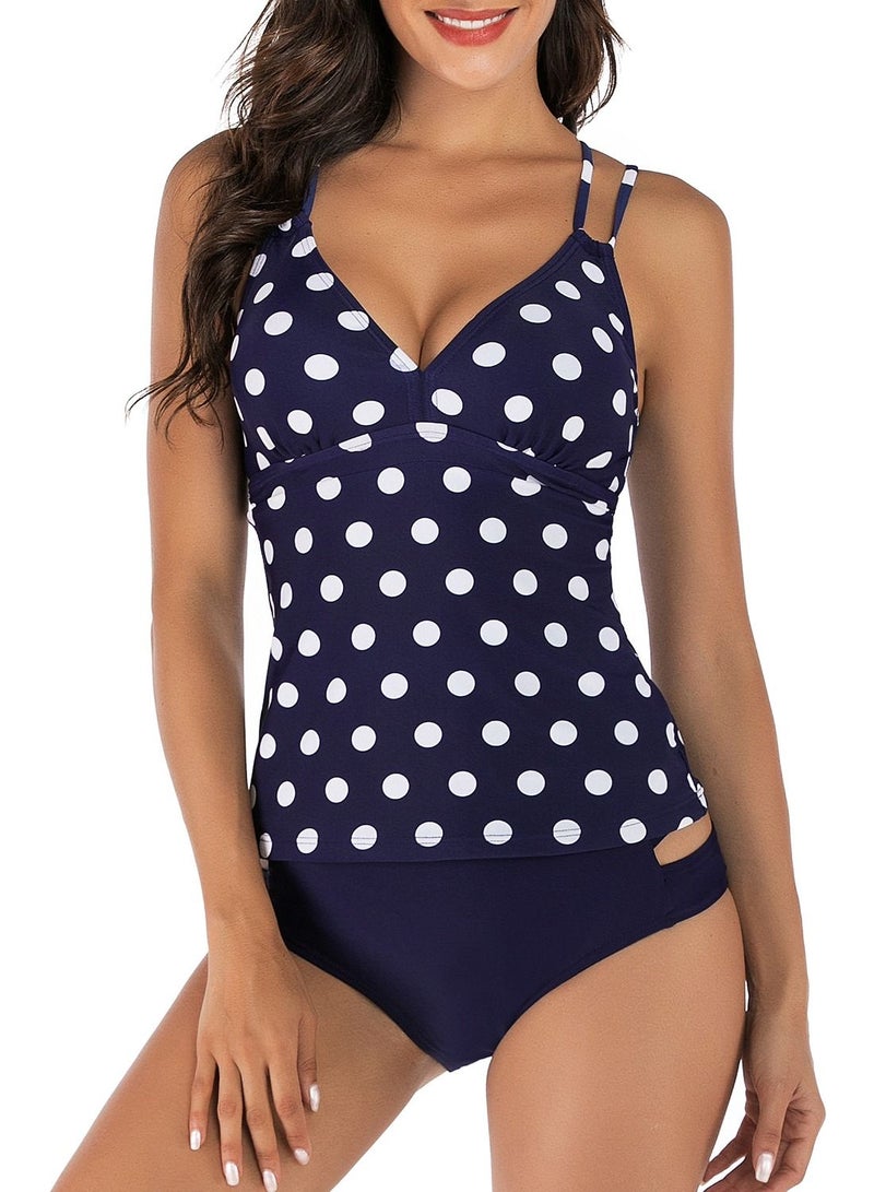 Loquat Navy blue Polka dot printed swimsuit Split type halter belt suspenders swimsuit lady bikini  - Image 1