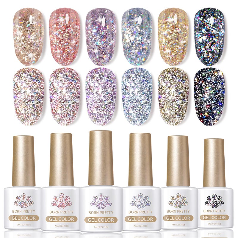 Born Pretty Glitter Gel Nail Polish, 6 Colors, Sparkle, Shiny, Disco Shine, UV Gel Nail Art Varnish, Manicure, DIY - Image 1