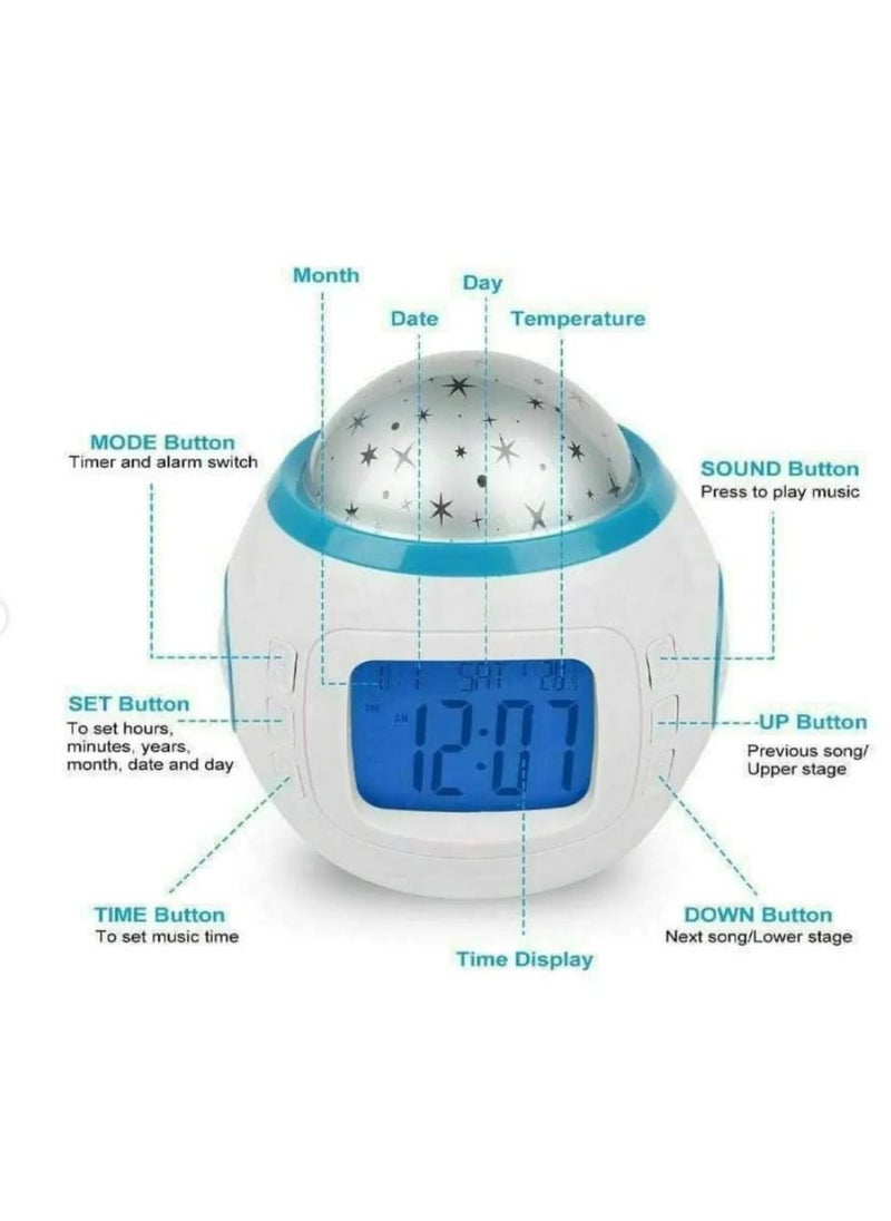 DANIM - Projection Alarm Clock, Thermometer, Music Starry Star Sky Digital Clock Snooze Function, for Home Office - Image 1