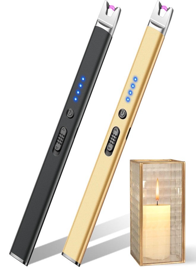 LcFun 2 Pack Candle Lighter USB Rechargeable Electric Plasma Arc Lighters with Safety Lock, Windproof Flameless Long Lighters Matches for Candle, Grill, BBQ, Camping, Gas Stoves (Black, Gold) - Image 1