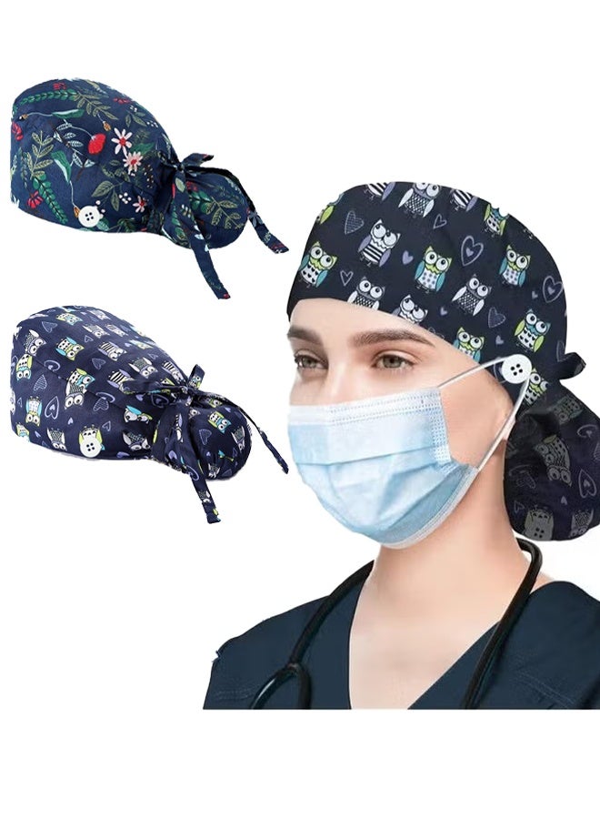 2 Pack Surgical Caps for Long Hair, Adjustable Elastic Nursing Cap with Button and Sweatband, Ponytail Pouch Tie Back Hats for Nurses Hat - Image 1