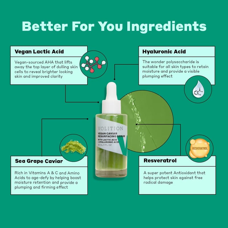 Volition Beauty Vegan Caviar Resurfacing Serum with 5 Vegan Lactic Acid Hyaluronic Acid Resveratrol Caviar Lime Sea Grape Caviar Reveals a Smoother Radiant Complexion Gently Exfoliates - Image 2