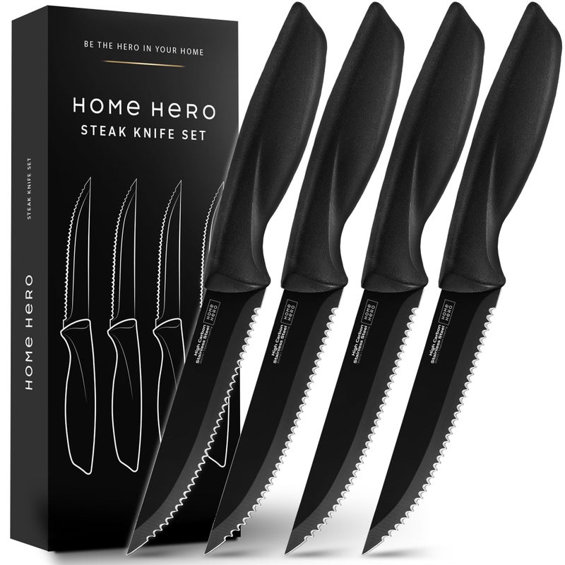 HomeHero Home Hero Steak Knives, Sharp Steak Knives Set, High-Carbon Stainless Steel Steak Knife Set, Ergonomic Handles Serrated Steak Knives (4 Pcs - Black) - Image 1