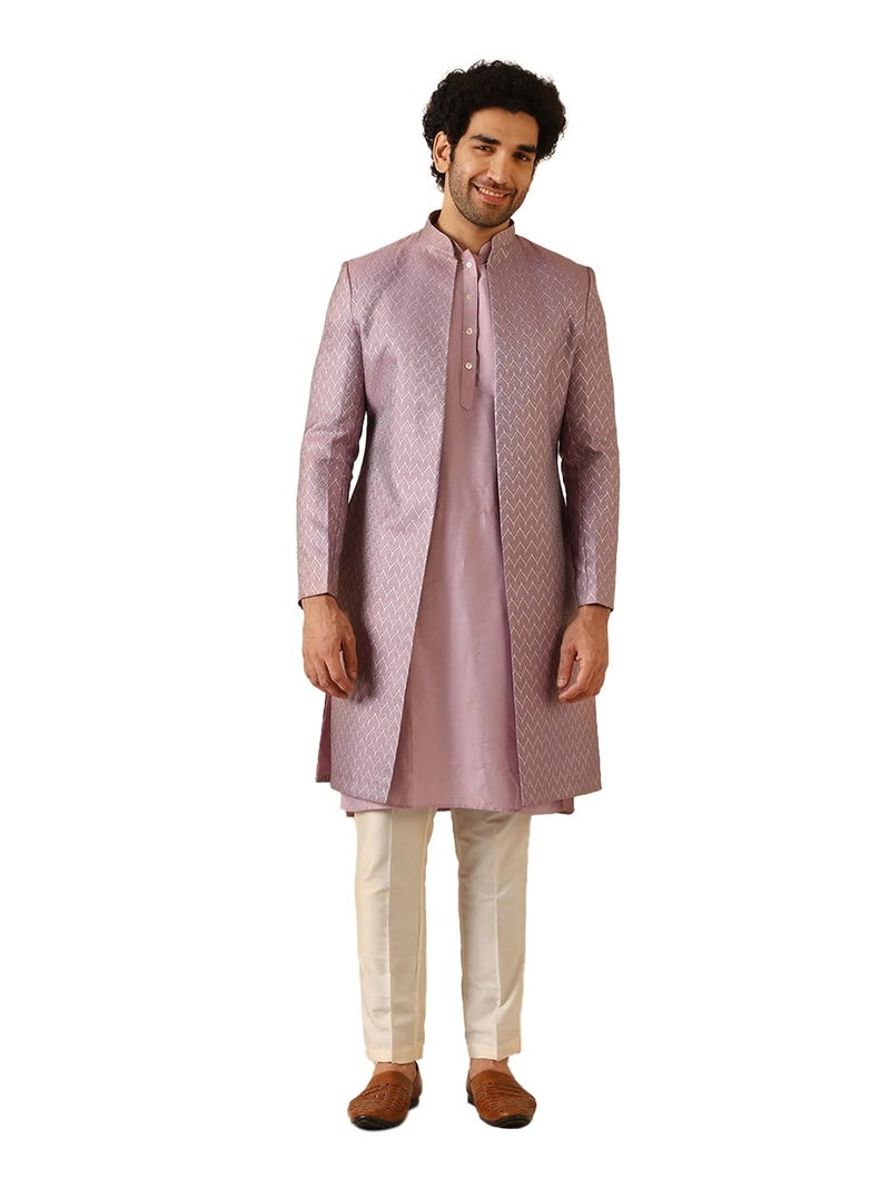 KISAH Sherwani Set for Men – Silk Blend Jacquard Textured Indo Western Sherwani with Kurta and Trouser | Designer Ethnic Outfit for Weddings & Festivals, Lilac, 44 - Image 1