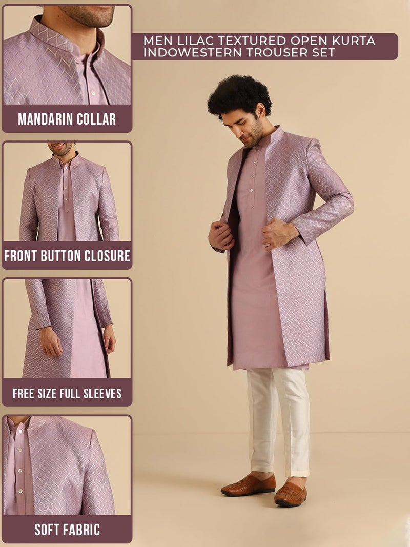 KISAH Sherwani Set for Men – Silk Blend Jacquard Textured Indo Western Sherwani with Kurta and Trouser | Designer Ethnic Outfit for Weddings & Festivals, Lilac, 44 - Image 3