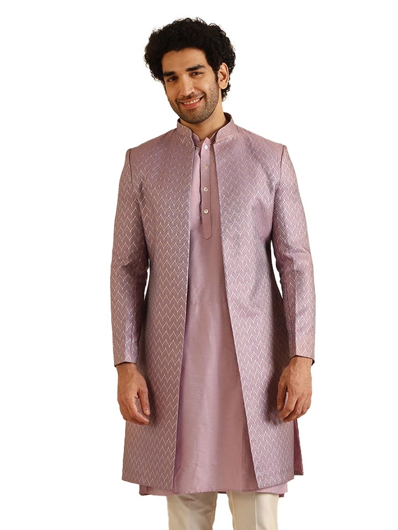 KISAH Sherwani Set for Men – Silk Blend Jacquard Textured Indo Western Sherwani with Kurta and Trouser | Designer Ethnic Outfit for Weddings & Festivals, Lilac, 44 - Image 2
