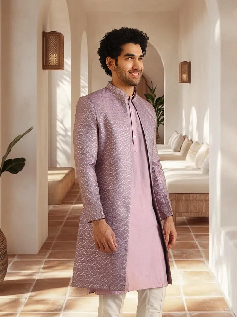 KISAH Sherwani Set for Men – Silk Blend Jacquard Textured Indo Western Sherwani with Kurta and Trouser | Designer Ethnic Outfit for Weddings & Festivals, Lilac, 44 - Image 5