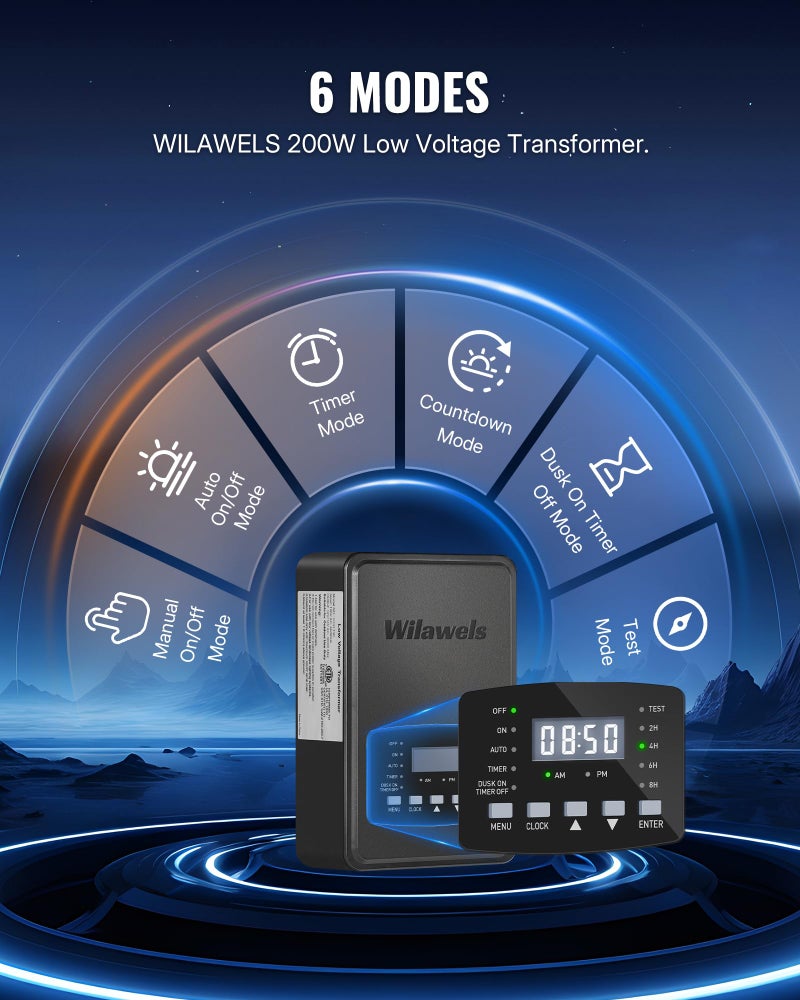 WILAWELS 200W Low Voltage Landscape Transformer, Weatherproof Outdoor Low Voltage Transformer, 120V AC to 12/14V AC, Landscape Lighting Transformer with Timer and Photocell Sensor, ETL Listed D11LT06 - Image 3