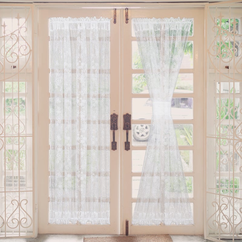 Rose Flower French Door Curtain Lace Voile Patio Sliding Glass Door Treatment Curtains with Bonus Tiebacks 54 W by 72 L Set of 2
