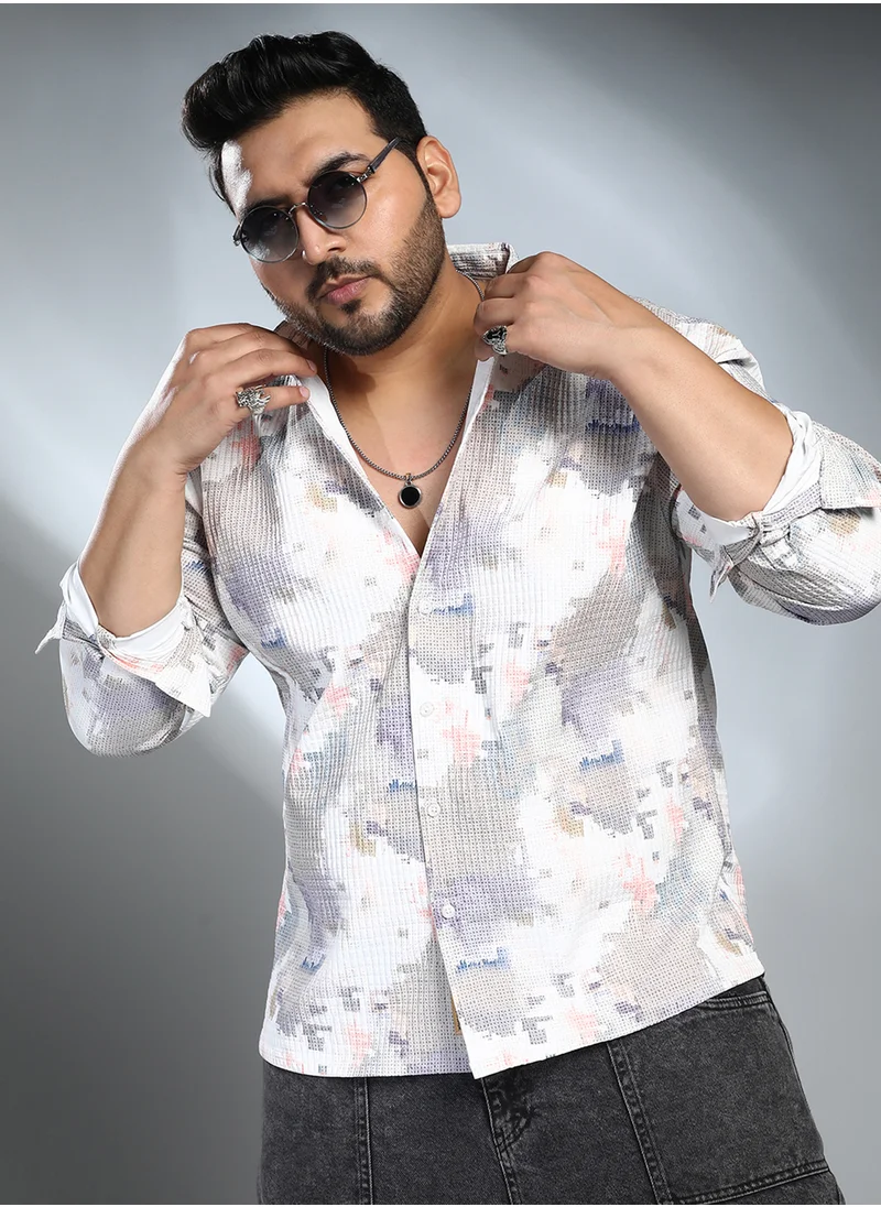 انستافاب بلس Instafab Plus Men's Moon Grey & Chalk White Artistic-Blur Shirt For Casual Wear | Spread Collar | Long Cuffed Sleeves | Button Closure | Plus Size Shirt Crafted With Comfort Fit For Everyday Wear