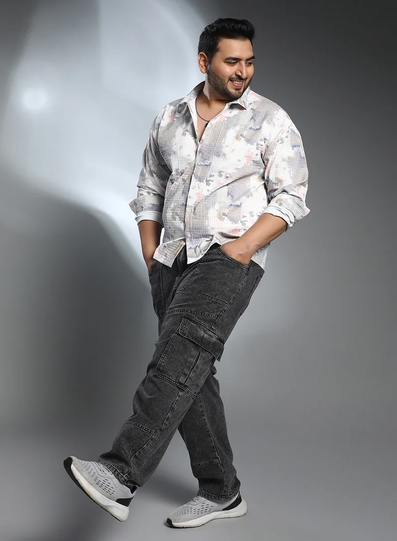 Instafab Plus Instafab Plus Men's Moon Grey & Chalk White Artistic-Blur Shirt For Casual Wear | Spread Collar | Long Cuffed Sleeves | Button Closure | Plus Size Shirt Crafted With Comfort Fit For Everyday Wear