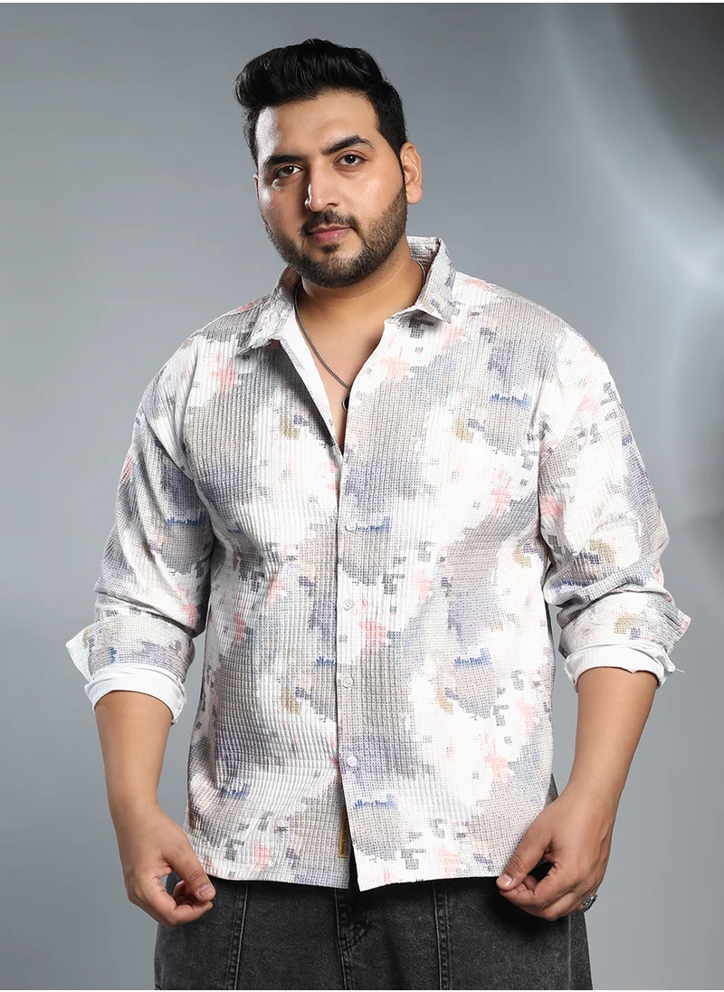انستافاب بلس Instafab Plus Men's Moon Grey & Chalk White Artistic-Blur Shirt For Casual Wear | Spread Collar | Long Cuffed Sleeves | Button Closure | Plus Size Shirt Crafted With Comfort Fit For Everyday Wear