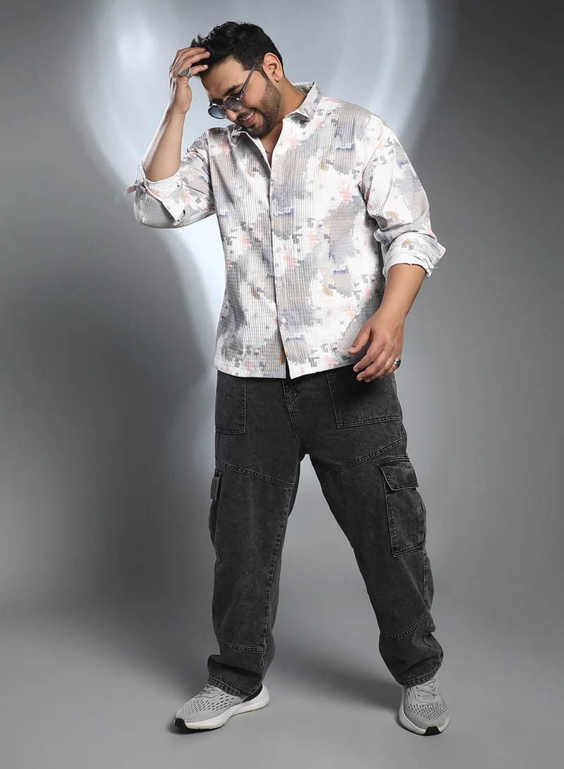 Instafab Plus Instafab Plus Men's Moon Grey & Chalk White Artistic-Blur Shirt For Casual Wear | Spread Collar | Long Cuffed Sleeves | Button Closure | Plus Size Shirt Crafted With Comfort Fit For Everyday Wear