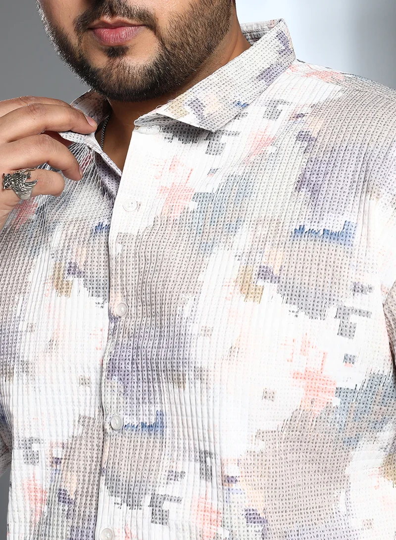 Instafab Plus Instafab Plus Men's Moon Grey & Chalk White Artistic-Blur Shirt For Casual Wear | Spread Collar | Long Cuffed Sleeves | Button Closure | Plus Size Shirt Crafted With Comfort Fit For Everyday Wear