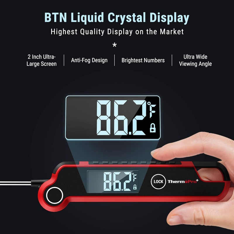 ThermoPro ترمومتر لحوم رقمي TP620 لقراءة فورية، ترمومتر طهي مع شاشة LCD كبيرة تدور تلقائيًا، ترمومتر طعام مقاوم للماء رقمي للمطبخ، الشواء، أو الشواية - Image 2