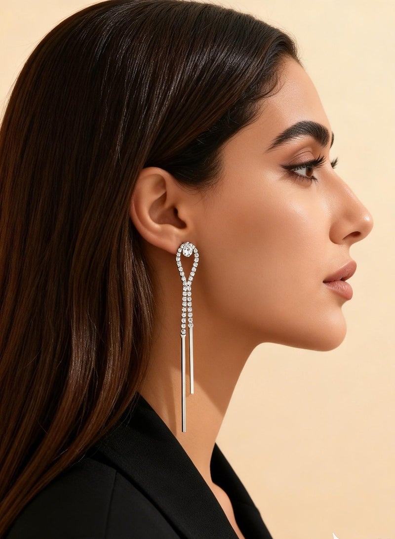 DAEVO Silver Plated Teardrop Zircon Tassel Drop Earrings, Elegant Wedding Party Jewelry - Image 4