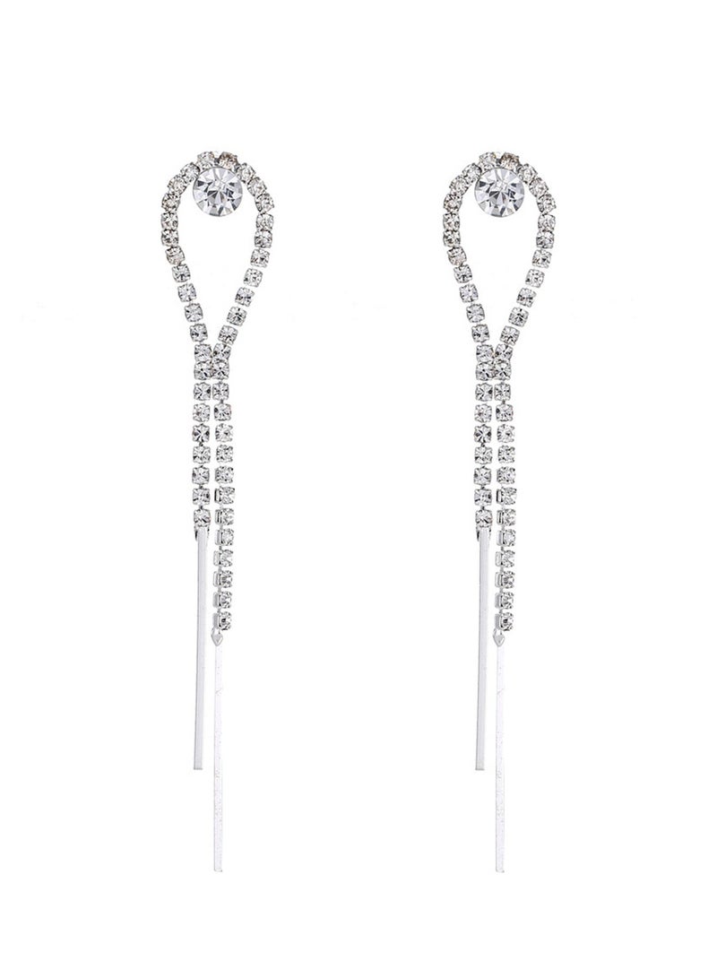 DAEVO Silver Plated Teardrop Zircon Tassel Drop Earrings, Elegant Wedding Party Jewelry - Image 1