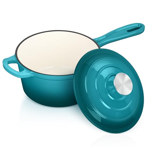 Leonyo 2 Quart Saucepan with Lid, Leonyo Enameled Cast Iron Sauce Pan, Cast Iron Pot and Pan Dutch Oven Induction Cookware for All Cooktops Cooking Soup, Milk, Paste- Up to 500°F & 6.7Lbs, Lake Green - Image 1