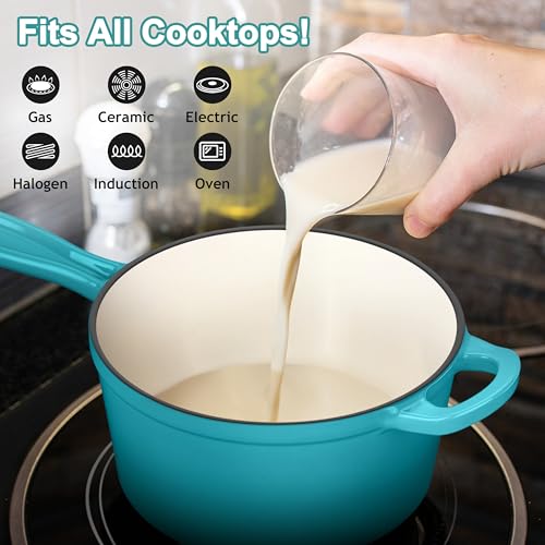 Leonyo 2 Quart Saucepan with Lid, Leonyo Enameled Cast Iron Sauce Pan, Cast Iron Pot and Pan Dutch Oven Induction Cookware for All Cooktops Cooking Soup, Milk, Paste- Up to 500°F & 6.7Lbs, Lake Green - Image 5