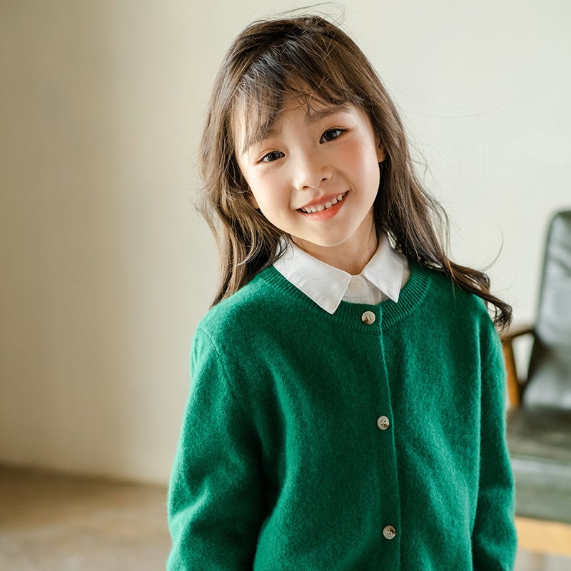 New Children'S 100 Wool Cardigan Crewneck Autumn Boys' Knitted Cardigan Button Girls Solid Color Base Sweater - Image 1