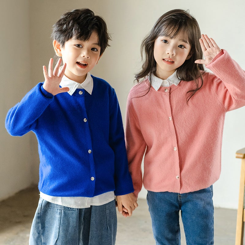 New Children'S 100 Wool Cardigan Crewneck Autumn Boys' Knitted Cardigan Button Girls Solid Color Base Sweater - Image 4