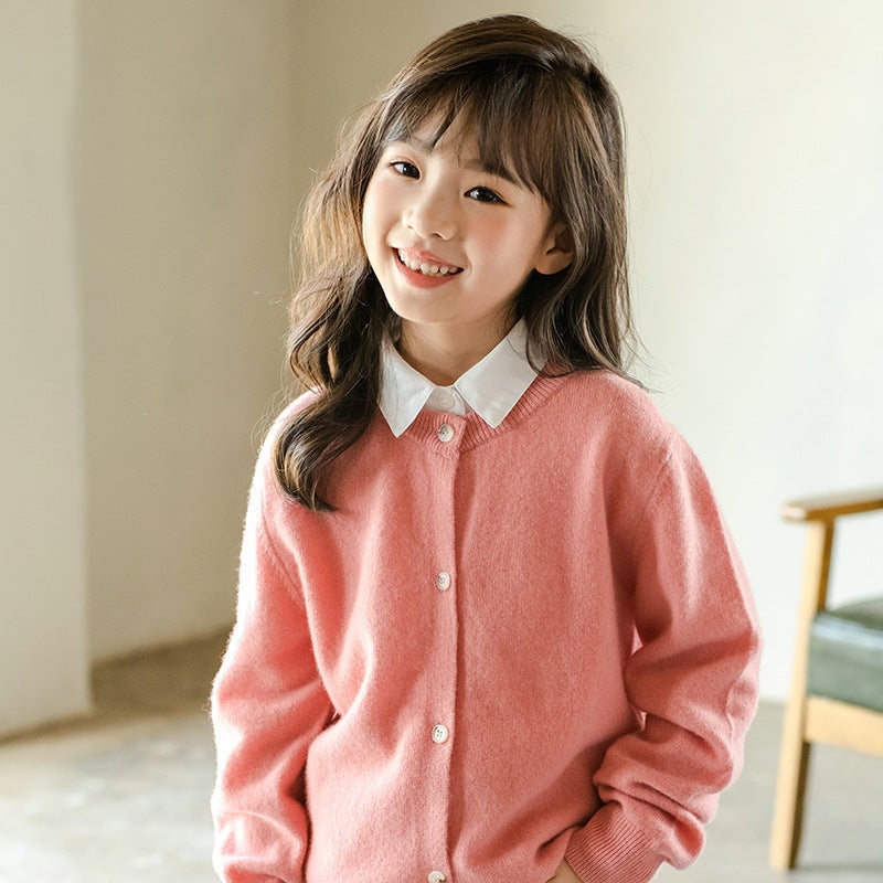 New Children'S 100 Wool Cardigan Crewneck Autumn Boys' Knitted Cardigan Button Girls Solid Color Base Sweater - Image 5
