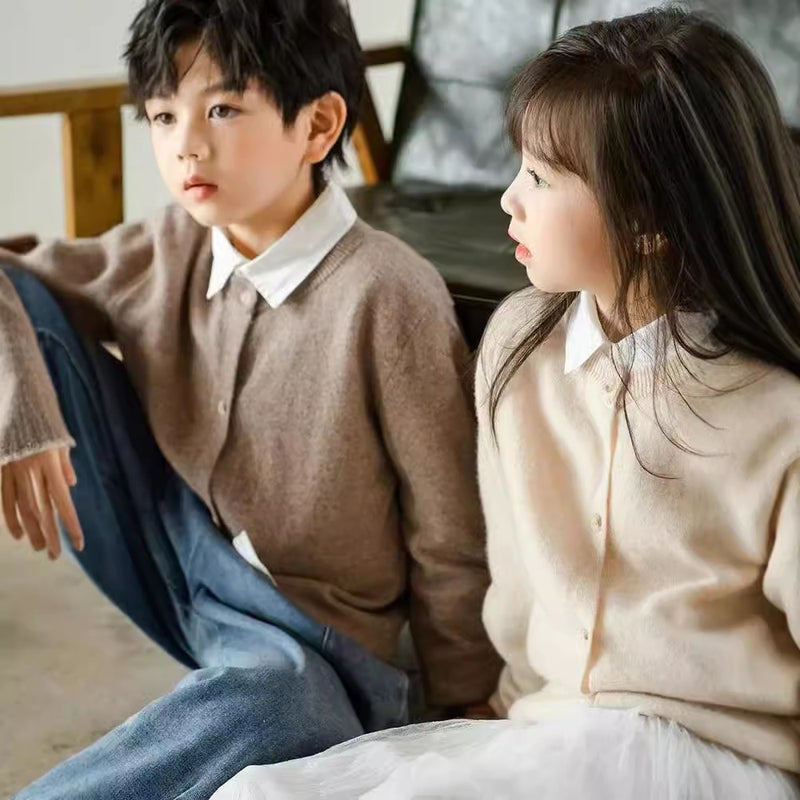 New Children'S 100 Wool Cardigan Crewneck Autumn Boys' Knitted Cardigan Button Girls Solid Color Base Sweater - Image 2