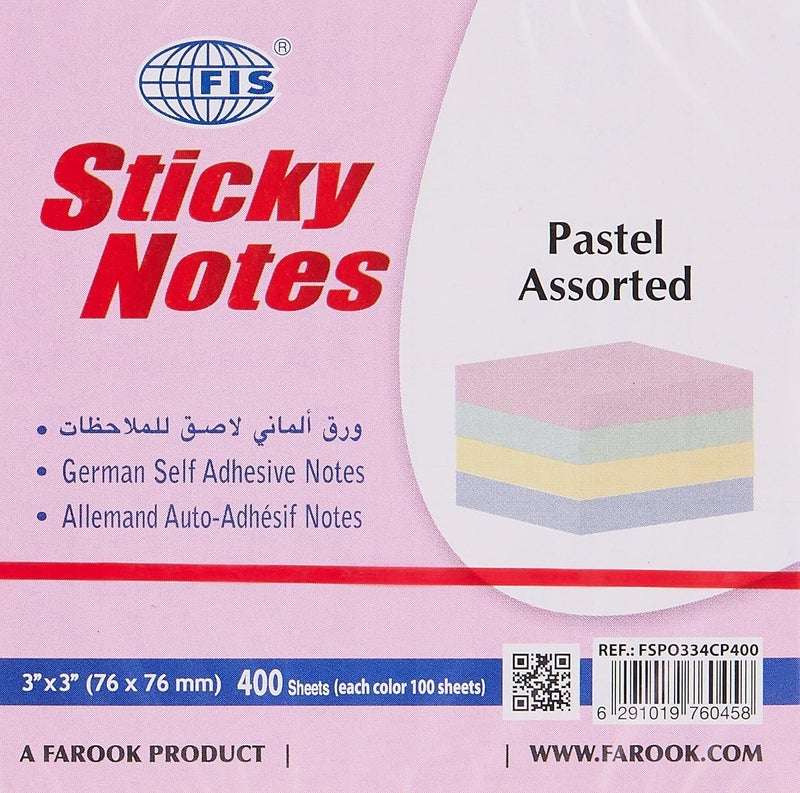 FIS FSPO334CP400 Sticky Note Pads, 4 Assorted Pastel Colors, 400 Sheets, 3-inch x 3-inch Size - Image 3