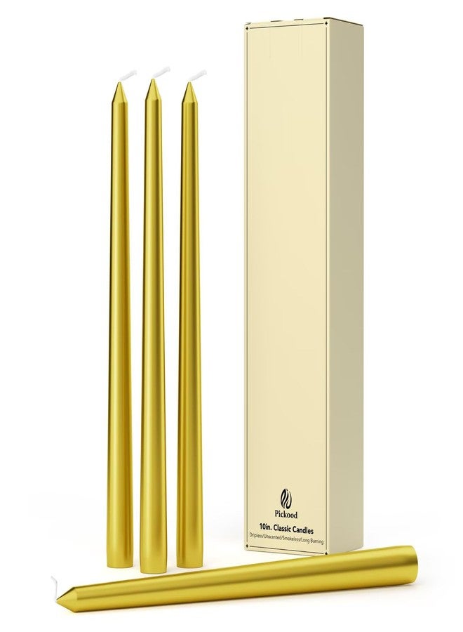 Pickood 10-Inch Tall Dripless Taper Candles Set of 4 - Gold Tapered Candles, Perfect for Wedding,Christmas - Smokeless, Unscented, Long Burning - Hand Poured, Colored Tall Candlesticks - doradas - Image 1