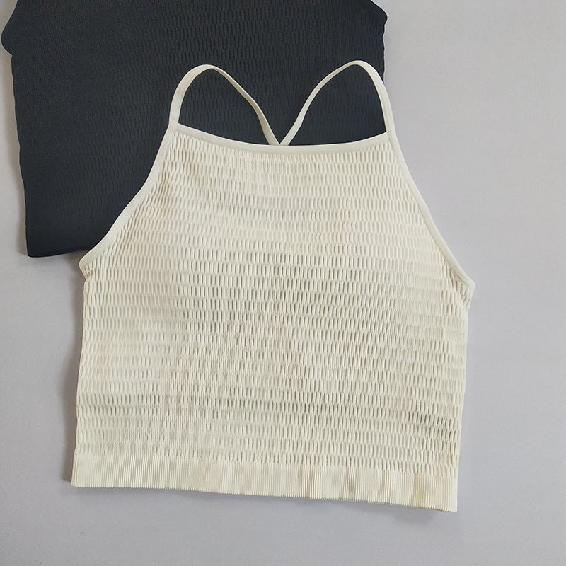 Generic Fixed Cup Series Thin Shoulder Strap Cleat Yoga Fitness Camisole Womens Fake Two-piece Beautiful Back Sports Outer Wear Milk white