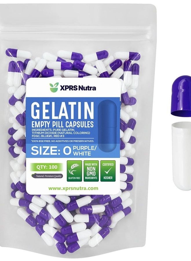 XPRS Nutra - Size 0 Empty Capsules - 100 Count Empty Gelatin Capsules - Empty Pill Capsules - DIY Capsule Filling - Pure Bovine Pill Capsules Empty Gel Caps (Purple/White) - Image 1