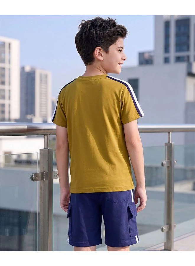 Ollington St. OLLINGTON ST. Cotton Knit Half Sleeves T-Shirt With Print & Shorts Set - Olive & Blue