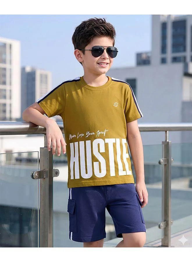 Ollington St. OLLINGTON ST. Cotton Knit Half Sleeves T-Shirt With Print & Shorts Set - Olive & Blue