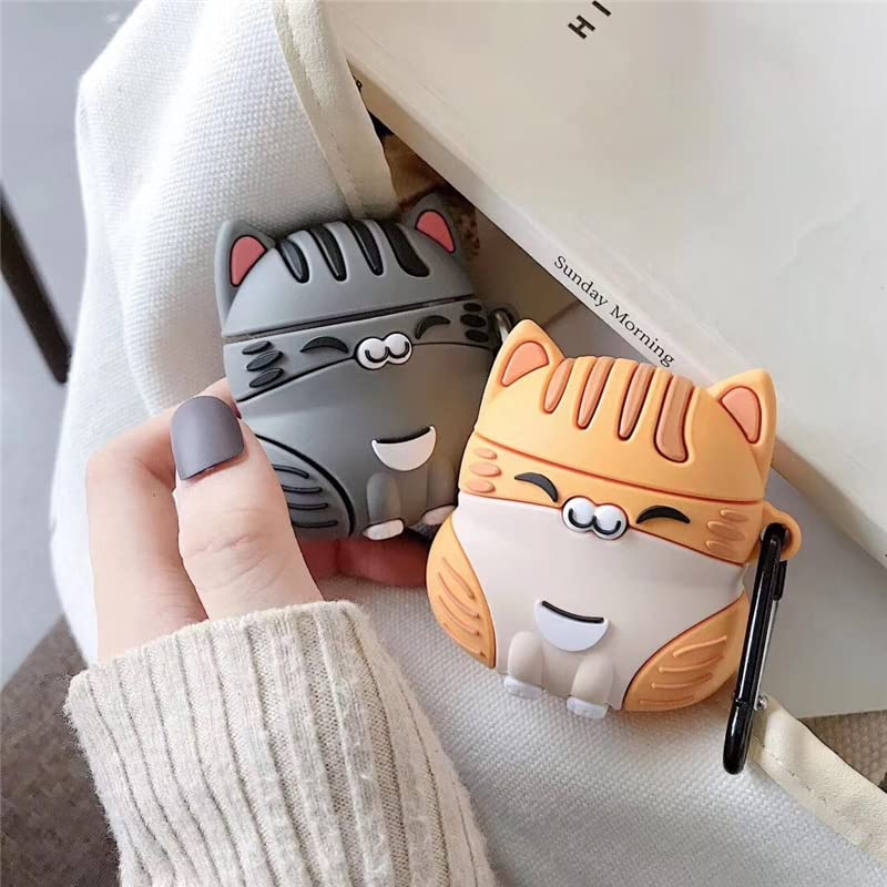 ELVRLA Earphone Case for AirPods 4 - Cute Sitting Smiling Happy Lucky Cat Soft TPU Silicone Cover, Lovely Yellow Grey Kitty Protective Skin Shockproof Protector for Earbuds - Image 2
